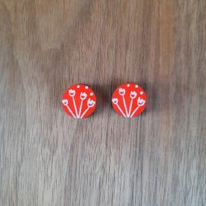 16mm Red With White Flowers Earring Studs